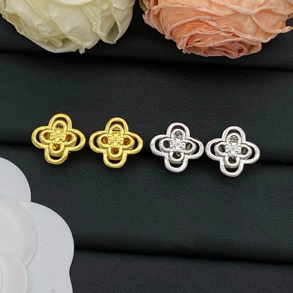 Tory Burch Polished Hollow 4 Leaf Clover Earrings Silver Needle Logo Pair